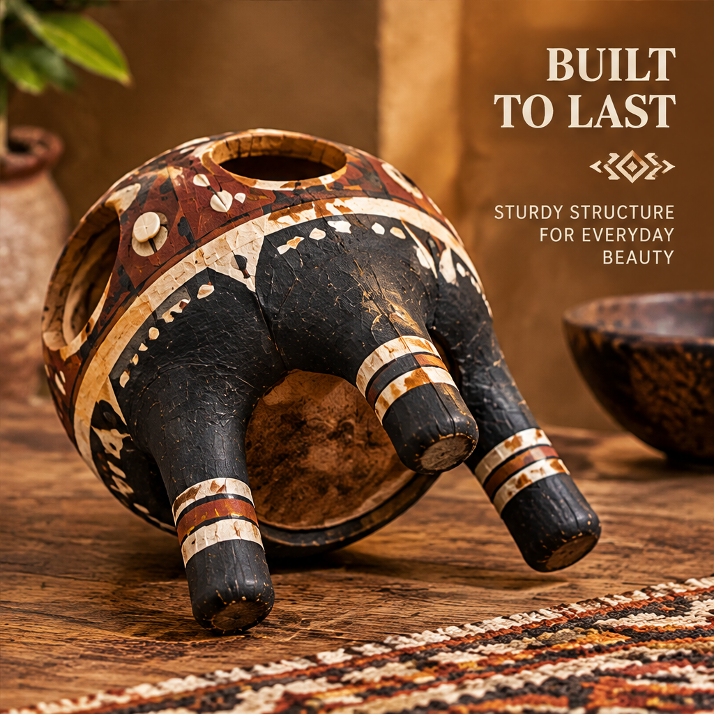 Underside view of tribal globe wooden vase showing four sturdy legs with text: Built to Last – Sturdy Structure for Everyday Beauty