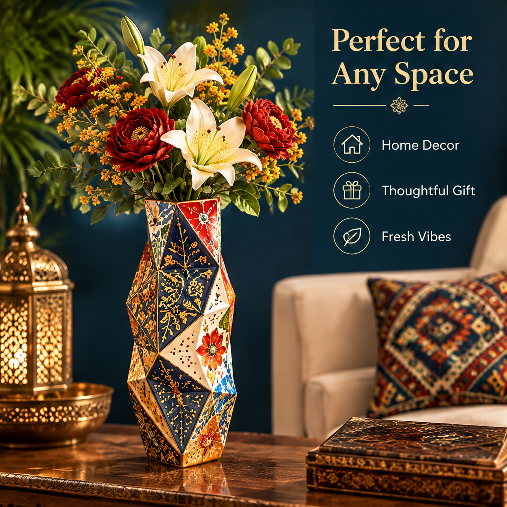 Geometric faceted ceramic vase with red peonies and white lilies beside Moroccan lanterns with icons: Perfect for Any Space – Home Decor, Thoughtful Gift, Fresh Vibes