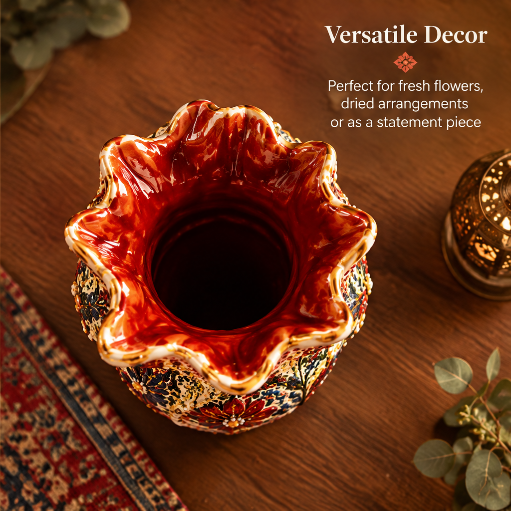 Top-down view of folk art ruffle ceramic vase showing deep red glazed interior with text: Versatile Decor – Perfect for fresh flowers, dried arrangements or as a statement piece