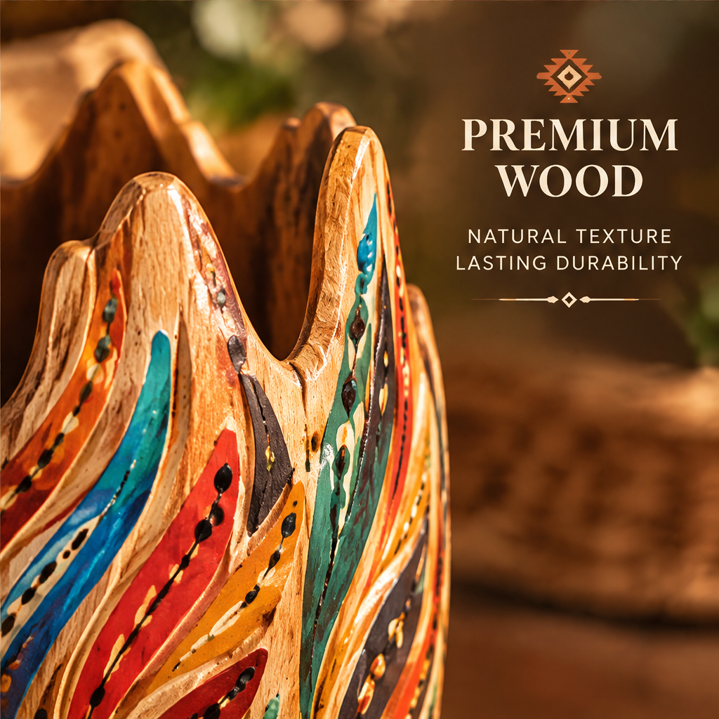Close-up of flame crown rim of hand-carved wooden vase with text: Premium Wood – Natural Texture, Lasting Durability