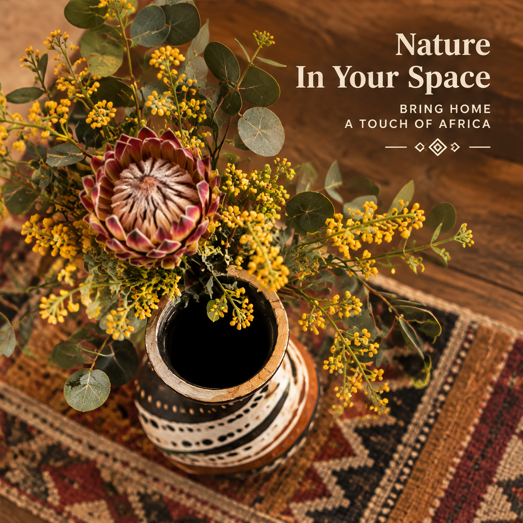 Top-down view of African tribal twist wooden vase with protea and wattle with text: Nature In Your Space – Bring Home a Touch of Africa