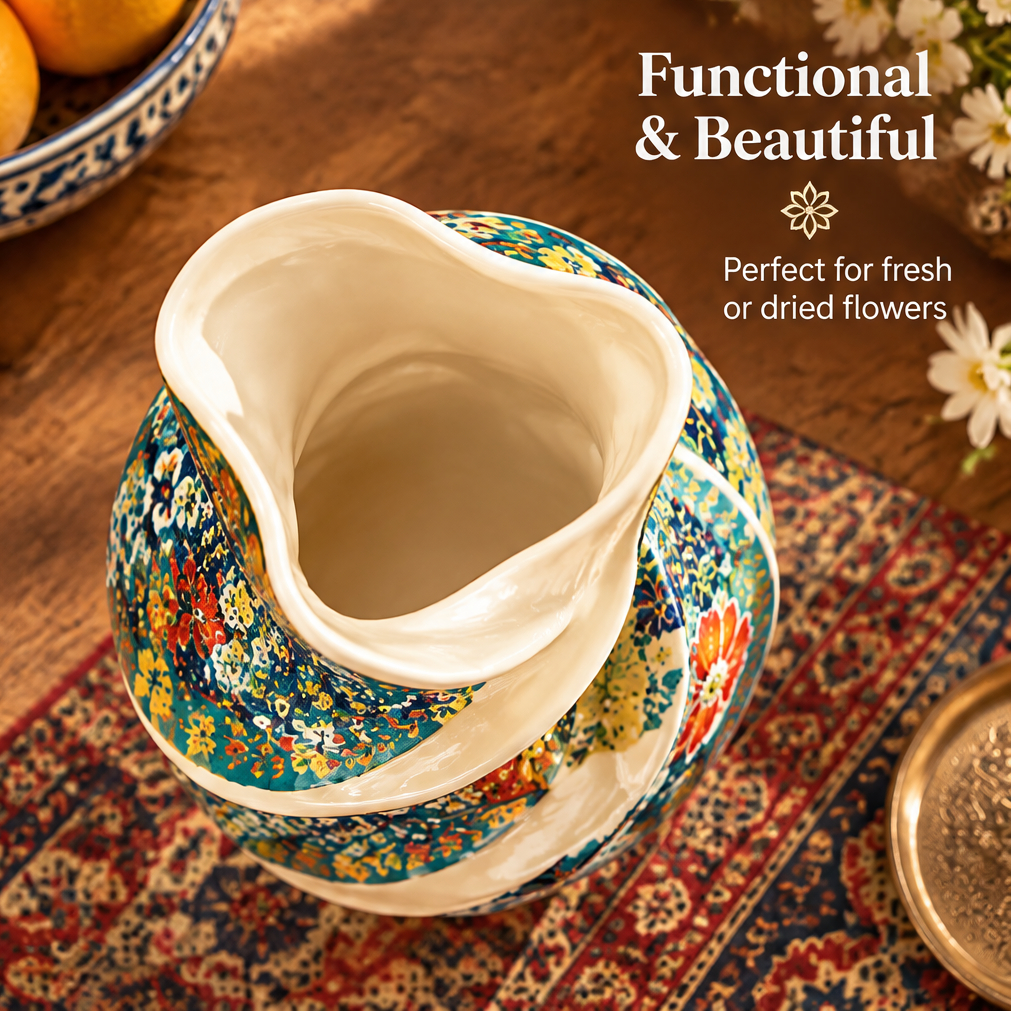 Top-down view of Persian floral twist ceramic vase showing interior with text: Functional & Beautiful – Perfect for Fresh or Dried Flowers