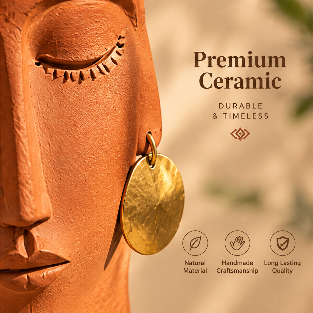 Close-up of carved terracotta face with hammered gold disc earring with icons: Premium Ceramic – Natural Material, Handmade Craftsmanship, Long Lasting Quality