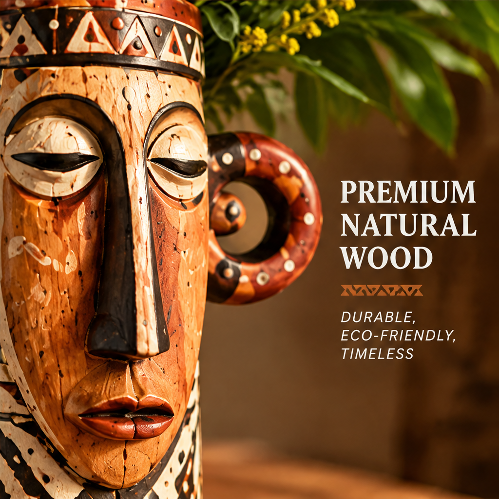 Close-up of carved tribal mask face with spiral ear ornament on wooden vase with text: Premium Natural Wood – Durable, Eco-Friendly, Timeless