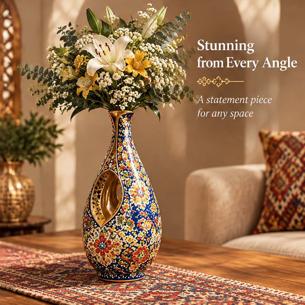 Side view of Persian cut-out teardrop ceramic vase with lilies in a Moroccan interior with text: Stunning from Every Angle – A Statement Piece for Any Space