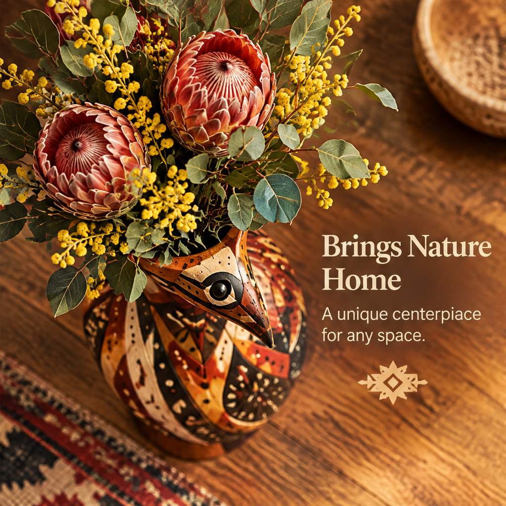 Top-down view of tribal bird vase filled with pink proteas and yellow wattle with text: Brings Nature Home – A Unique Centerpiece for Any Space