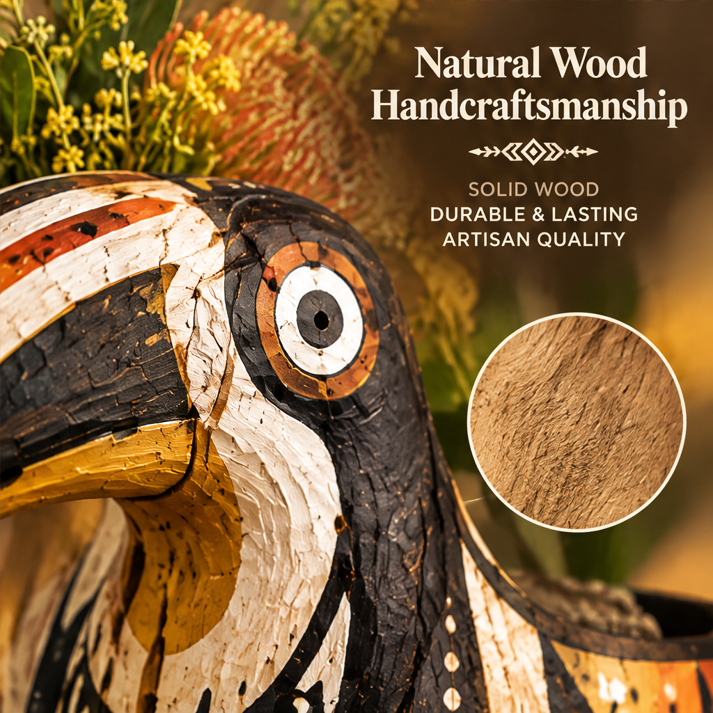Close-up of toucan head and natural wood grain texture with text: Natural Wood Handcraftsmanship – Solid Wood, Durable & Lasting, Artisan Quality